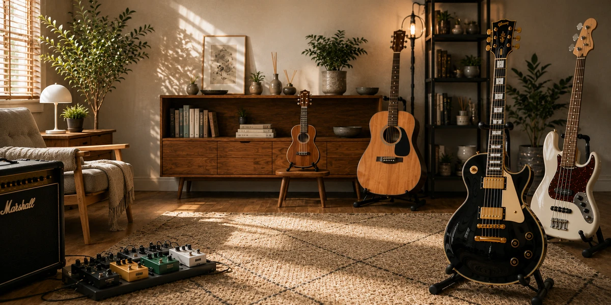 ギター、ベース、ウクレレが並ぶMASAKI Strings Studio